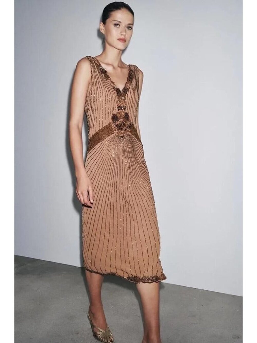 Zara ZW Beaded Dress Small Bronze Embroidered Midi Sleeveless VNeck 7521/203 NWD